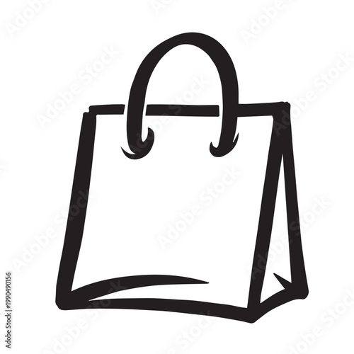 Minimalist black and white vector illustration of a paper shopping bag, symbolizing eco friendly practices, reusable packaging, and environmentally aware living.
