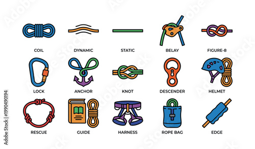 Climbing rope and safety gear icons arranged on white background