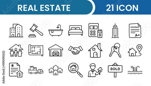 Real Estate Icon Pack – 21 Property, Housing, Buildings, Apartment, Home Vector Icons