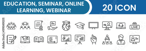 Education & Online Learning Icon Pack – 20 Seminar, Webinar, E-Learning, Training, Classroom Vector Icons