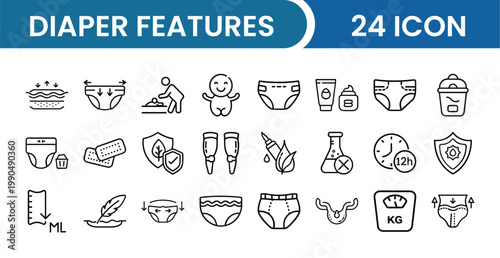 Diaper Features Icon Pack – 24 Baby Care, Parenting, Hygiene, Newborn, Infant Essentials Vector Icons