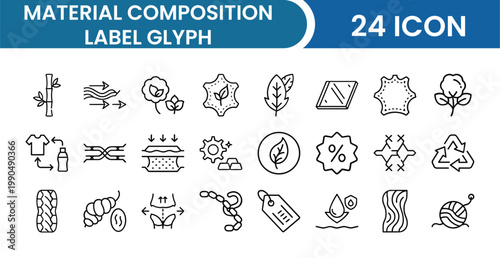 Material Composition Label Glyph Icon Pack – 24 Fabric, Textile, Clothing, Product Care, Material Info Vector Icons