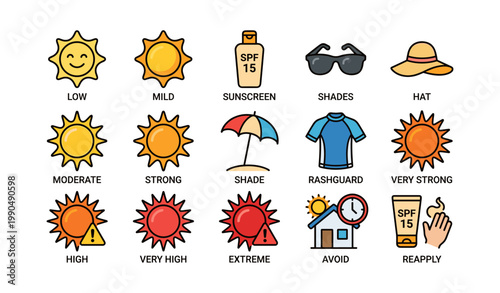 Set of sun and uv safety icons with labels in grid