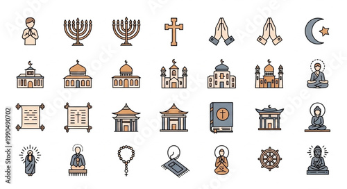 Collection of Religious Symbols and Buildings Icons.