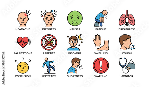 Medical symptom icons showing respiratory and neurological signs