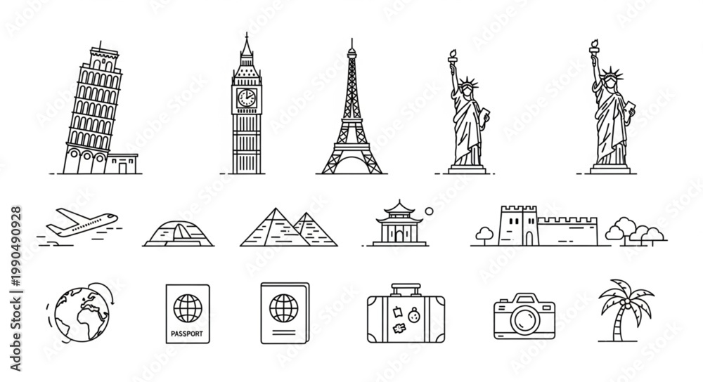 Fototapeta premium Collection of famous landmarks and travel icons in sketch style.