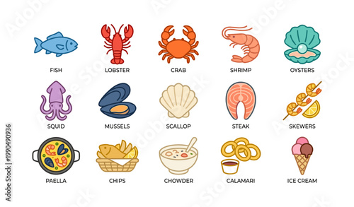 Seafood and shellfish icons with food items and dishes