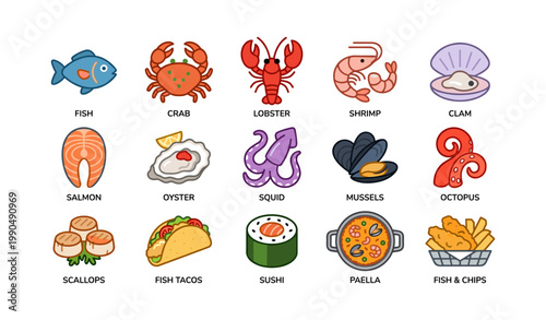 Seafood icons displayed in labeled grid on white background
