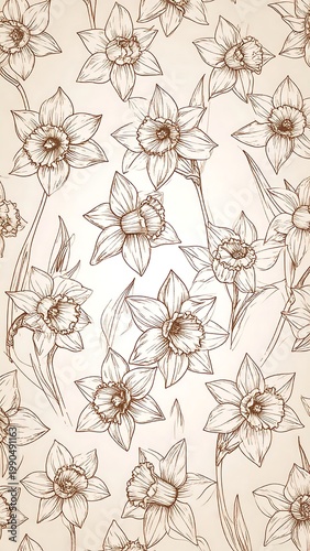 Vintage Daffodil Flower Botanical Illustration Seamless Pattern Sepia Hand Drawn Line Art Sketch On Beige Background