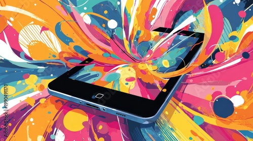 Vibrant Abstract Art with Colorful Splashes Surrounding a Modern Tablet Device in a Dynamic Digital Composition