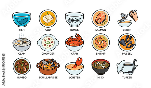 Various seafood icons labeled with dish names on white background