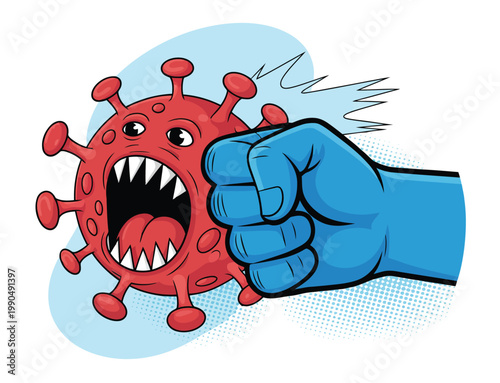 Cartoon illustration of a fist punching a coronavirus with an angry expression