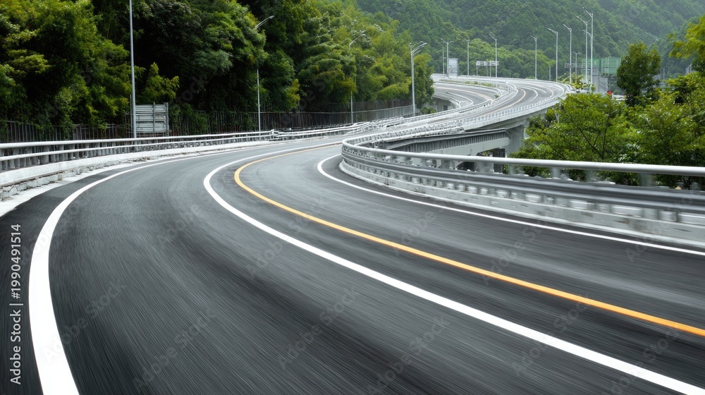 Fototapeta premium Winding Road Through Lush Green Landscape with Guardrails and Smooth Pavement Under Clear Blue Sky