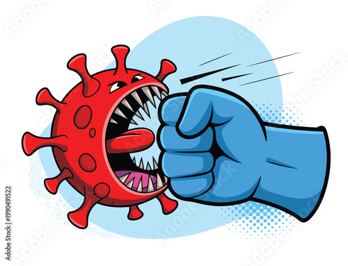A powerful fist punching a coronavirus cell symbolizing the fight against disease
