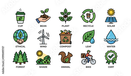 Sustainable coffee icons depicting eco practices on white background