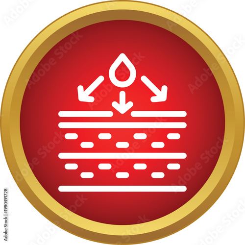 Skin hydration process icon showing a liquid drop being absorbed into multiple skin layers