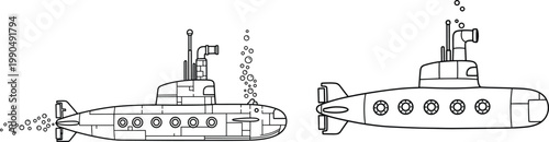 Minimalist submarine line drawing illustration, underwater marine vehicle artwork, ocean exploration concept design, nautical transport silhouette, aquatic technology inspired art