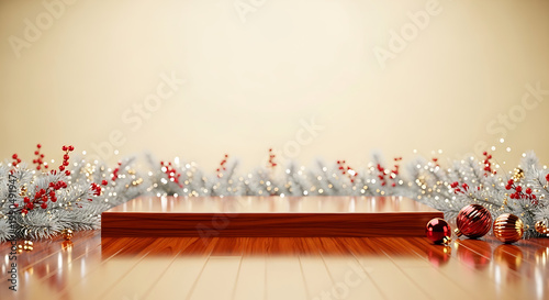 Christmas Decorations on Wooden Floor with Red Ornaments
