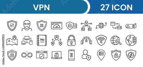 VPN Icon Pack – 27 Virtual Private Network, Online Privacy, Cyber Security, Encrypted Connection, Anonymous Browsing Vector Icons