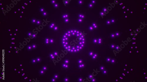 Abstract neon purple bokeh particles arranged in a radial kaleidoscope circle, softly glowing on dark background, ideal for futuristic, music, and tech visuals
