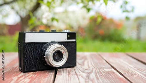 Vintage Film Camera In Black And Silver Style Sitting On A Rustic Wooden Table In A Sunny Spring Garden
