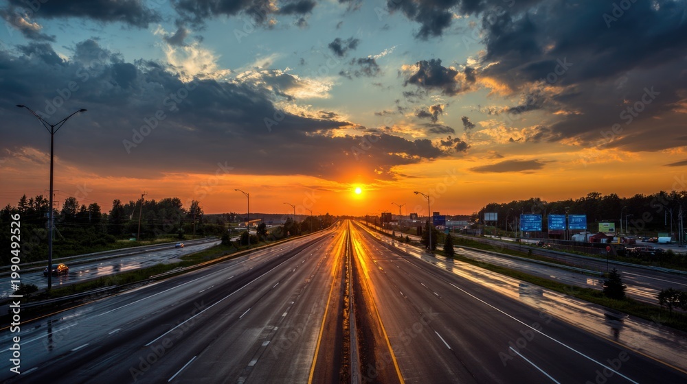 Obraz premium Breathtaking Sunset Over Empty Highway with Reflections and Dramatic Clouds in a Scenic Landscape View