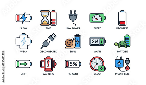 Battery icons showing low power, charging and slow speed on white