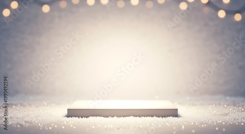 Snowy Stage with Bright Lights and Glittering Background