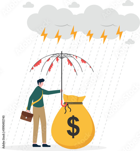 Money bag facing inflation and risk with torn umbrella