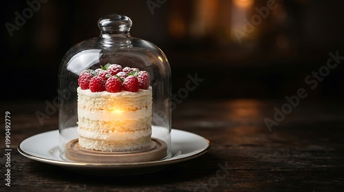 Kue cake lapis vanilla dihiasi beri raspberi segar dan disajikan dalam gelas kaca kecil di atas piring putih di suasana cozy dapur