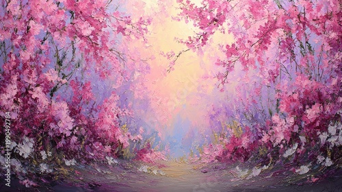 Serene Pathway Through Vibrant Pink Blossoms Under Soft Golden Light in Dreamy Landscape