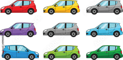 Compact City Car Illustration Set Featuring Colorful Hatchback Vehicles for Urban Transport Automotive Design and Modern Mobility Concepts