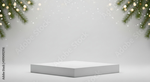 White Christmas podium with festive lights and snowflakes