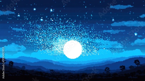 Starry Night Sky with Bright Full Moon Over Mountain Landscape in Pixel Art Style