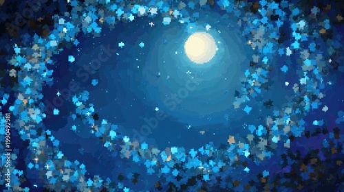 Abstract Blue Starry Night with Bright Moon and Twinkling Stars in a Dreamy Cosmic Scene