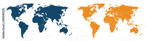Flat Vector World Map Silhouette and Graphic Design Bundle : Two Variations of Earth Continents Map Including Solid Navy Blue and Orange Colors for Global Business Travel and Education Isolated on Whi