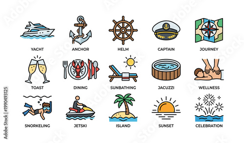 Yacht and leisure activity icons arranged in grid on white background
