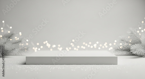 Minimalist Christmas podium with festive lights and pine branches