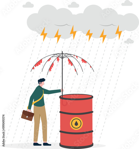 Oil barrel commodity facing market risk with broken umbrella