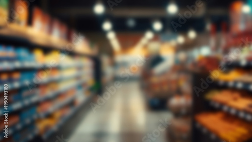 Blurred View of a Grocery Store Aisle with Products and Shoppers.