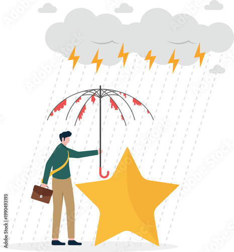 Business reputation and stars at risk with torn umbrella
