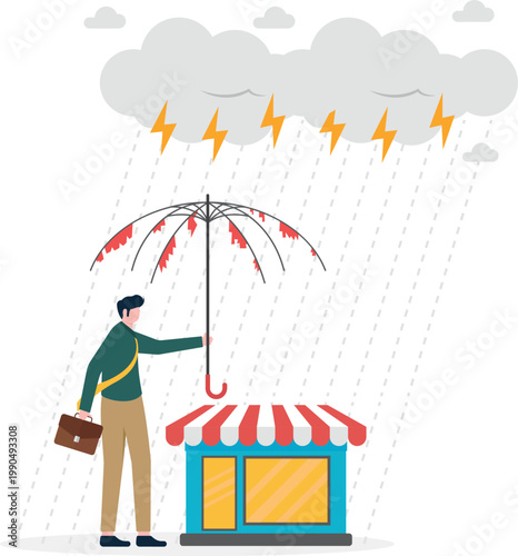 Retail business store facing loss with broken umbrella