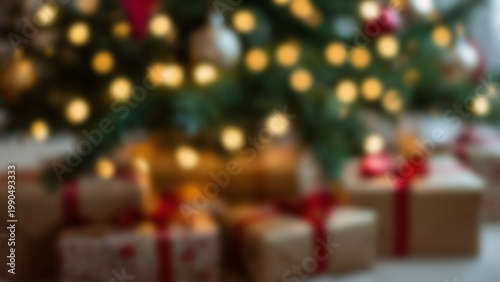 Christmas Tree with Presents and Festive Decorations in Soft Focus.