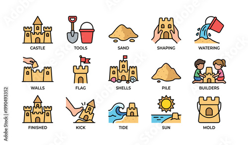 Sandcastle building and beach activity icons showing tools and scenes