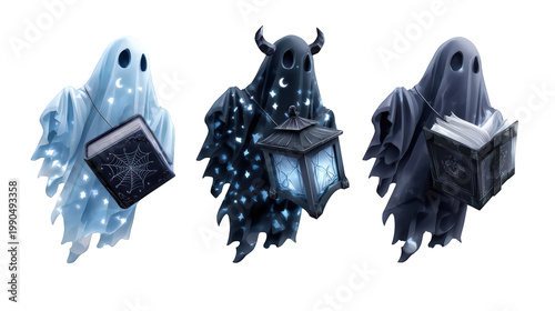 Three whimsical ghosts holding books and lanterns, set against a transparent background, evoking a mystical atmosphere