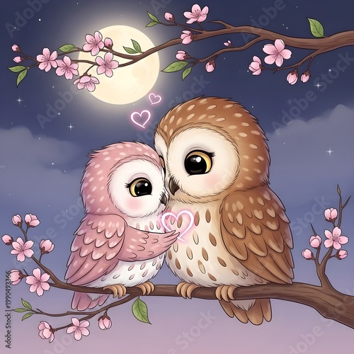 Cute Cartoon Owl Couple on Flowering Branch under Full Moon – Whimsical Valentine's Illustration