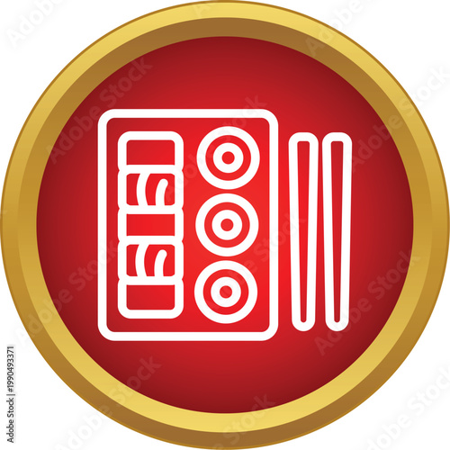 Sushi bento box with maki, nigiri, and chopsticks inside a red circle icon