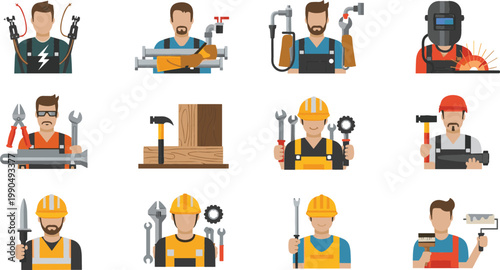Construction workers and technicians set with tools, welding, carpentry and repair activities, industrial labor professions vector illustration collection