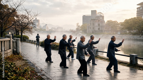 Elderly men practicing tai chi by the river at dawn
