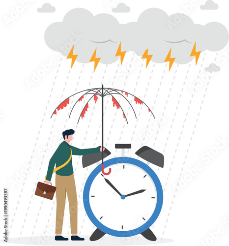 Time management failing under pressure with torn umbrella